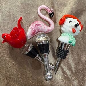 Set of Three Decorative Wine Stoppers red bird pink flamingo snow dog in bag